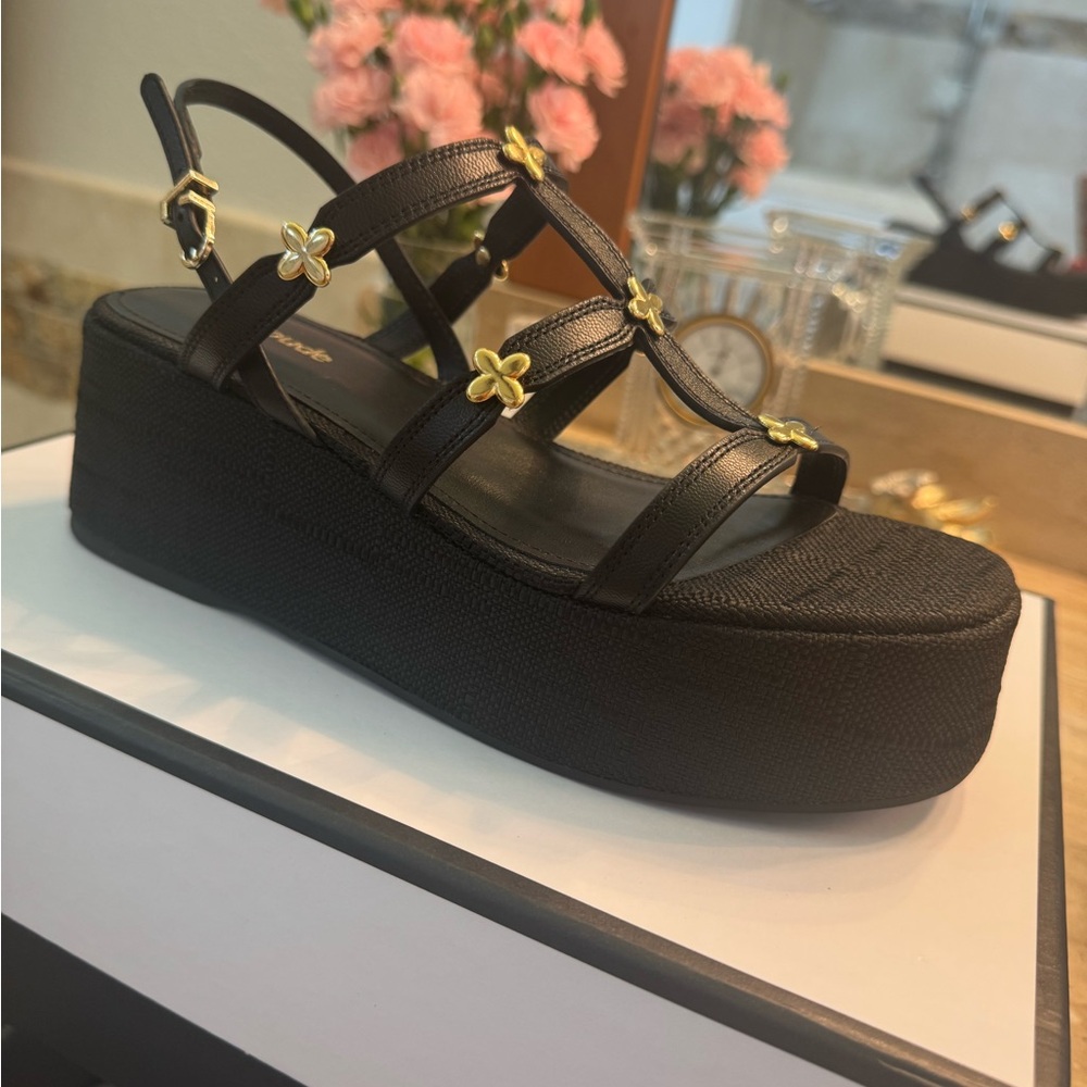 Larroude Gold and Black Sandals with Chunky Platform